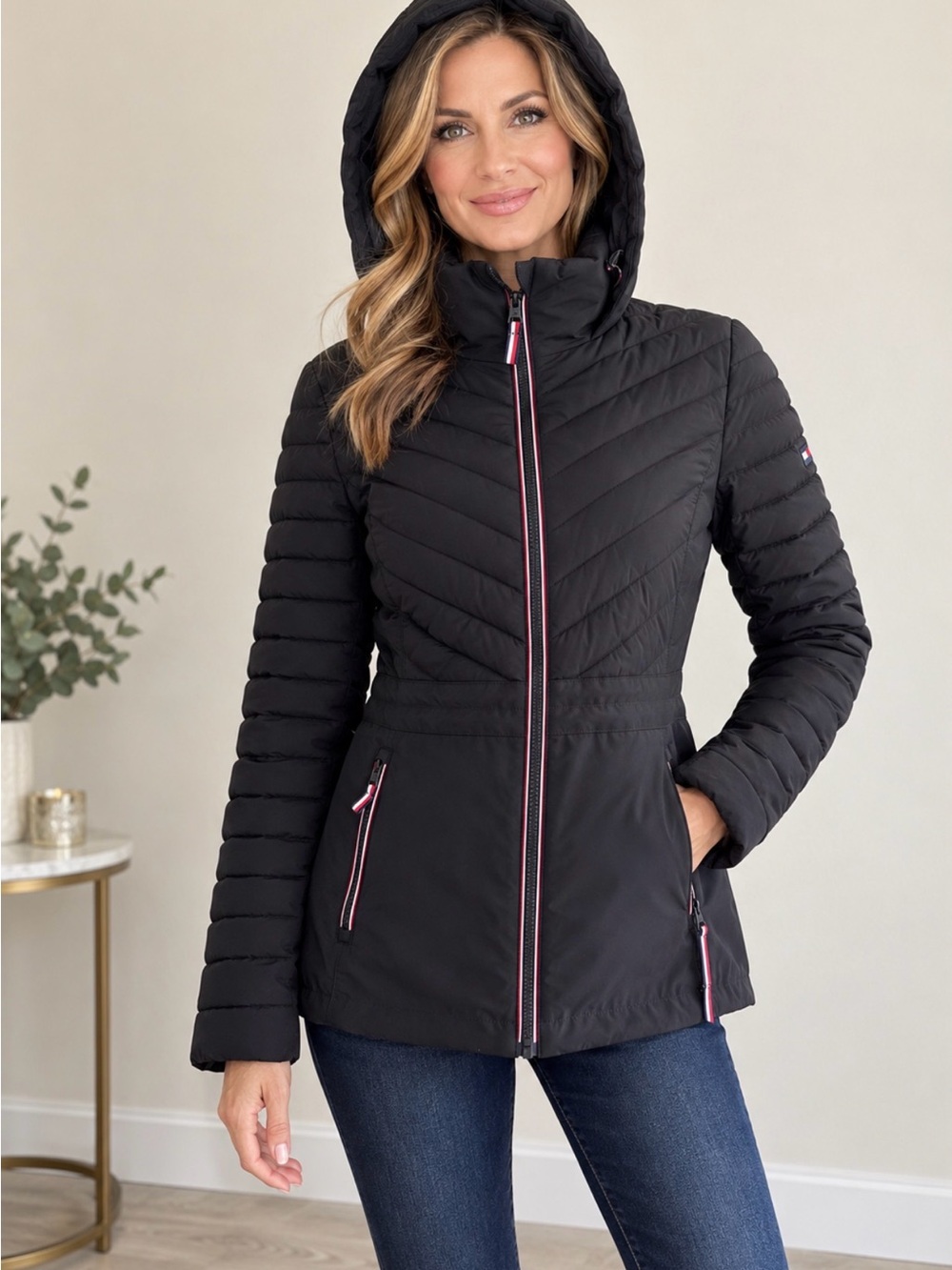 Tommy Hilfiger Black Quilted Hooded Jacket with Pink Trim
